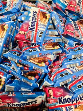 Kiel, Germany - 27.December 2022: Knoppers brand chocolate bars on a supermarket shelf for sale.
