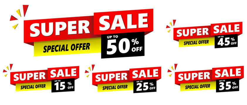 Special offer banner set, hot sale, big sale, super sale, sale banner vector. red, black and yellow vector banner template. 50%, 15%, 25%, 35%, 45%.