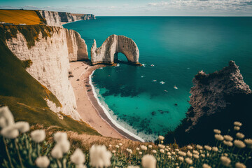 Beautiful panoramic view of the Etretat cliffs. Amazing natural cliffs. Etretat, France's Normandy. Generative AI - obrazy, fototapety, plakaty