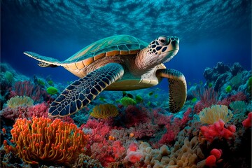 Fototapeta na wymiar Sea turtle swimming over coral reefs. Animals under the sea background.