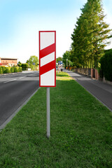 Road sign Countdown Beacon to Railway Crossing on city street