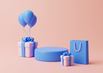 Podium, gift boxes, shopping bag and balloons on pastel pink background. Holiday decoration. Festive gift surprise. Minimalist creative concept. 3d rendering illustration