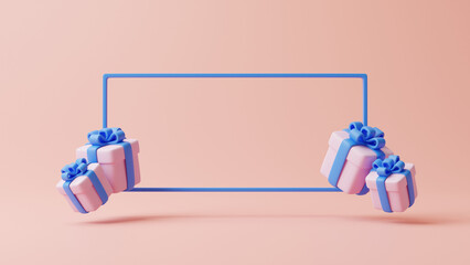 Gift boxes and frame on pastel pink background. Holiday decoration. Festive gift surprise. Minimalist creative concept. 3d rendering illustration