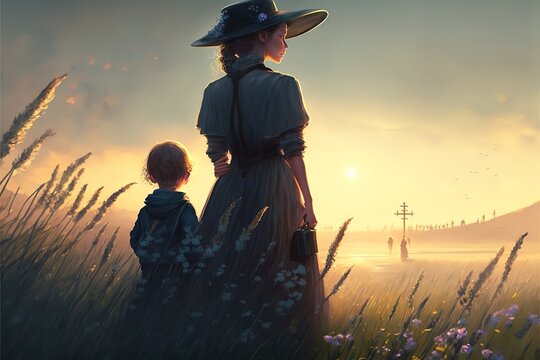 A woman with a child walking in a beautiful field