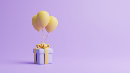 Gift box and balloons on pastel purple background. Holiday decoration. Festive gift surprise. Minimalist creative concept. 3d rendering illustration