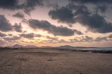 The amazing Famara beach on the Atlantic Ocean in Lanzarote, Canary Islands,  Spain
