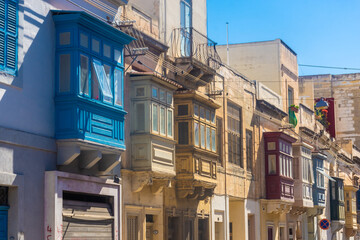 Typical colorful balconies of Malta  in Valletta