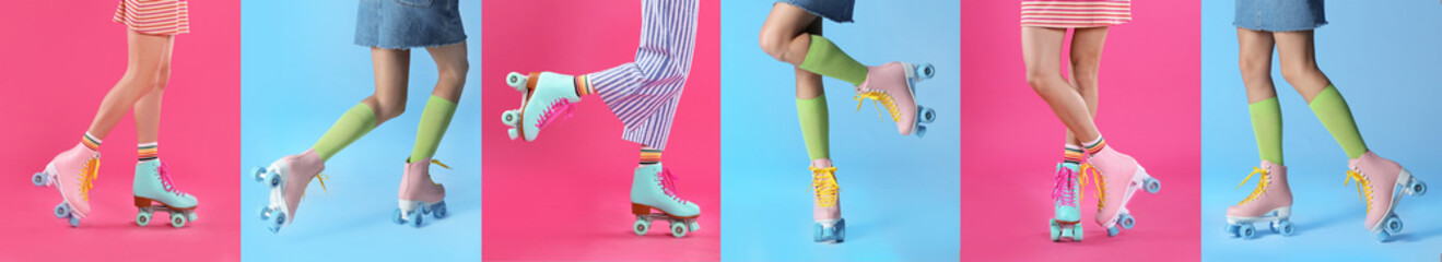 Photos of women with retro roller skates on different color backgrounds, closeup. Collage banner...