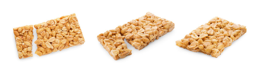 Collage with tasty peanuts bars (kozinaki) on white background, banner design