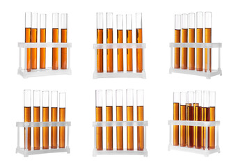 Test tubes with brown liquid on white background, collage
