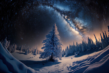 Fototapeta premium Deep sky astrophoto of a stunning winter scene with a tree covered in snow and a vivid night sky filled with stars, nebulae, and galaxies. Generative AI