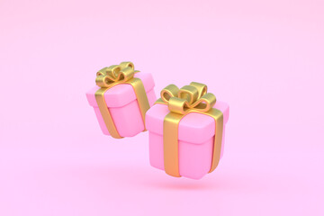 Gift boxes fly on a pastel pink background. Holiday decoration. Festive gift surprise. Minimalist creative concept. 3d rendering illustration
