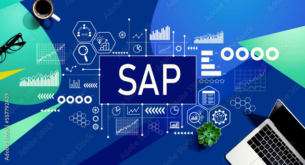 Poster sap - business process automation software theme with a laptop computer on a blue and green pattern 