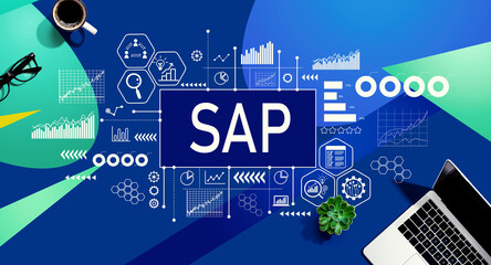 SAP - Business process automation software theme with a laptop computer on a blue and green pattern background - obrazy, fototapety, plakaty