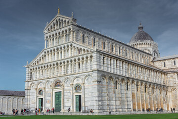 Pisa, Italy,  14 April 2022: View of the Cathedral and the leaning tower