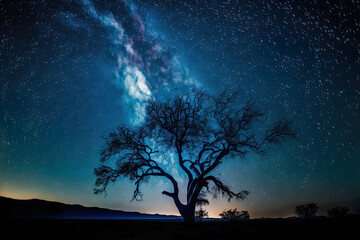 Fototapeta na wymiar Panorama of a tree silhouette and the stunning Milky Way in a night sky long exposure shot. Generative AI