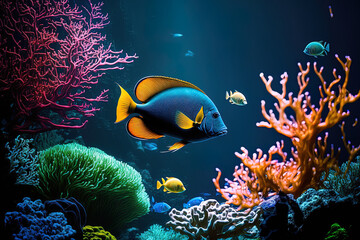Tropical vegetation and colorful exotic fish float in a deep blue aquarium. Generative AI