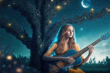 A girl plays guitar under a magic tree