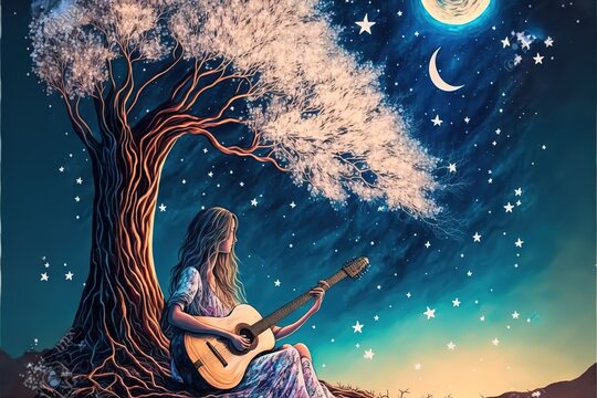 A girl plays guitar under a magic tree