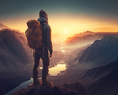 Man With Backpack Standing On Edge Of Cliff Looking Out Into Mountain Sunset - Generative AI