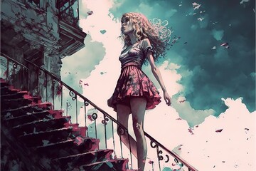 A girl stands on a ruined staircase