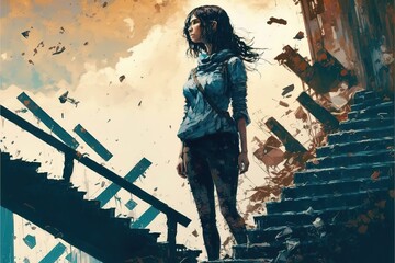 Obraz na płótnie Canvas A girl stands on a ruined staircase