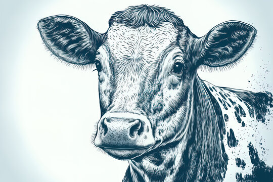 Cute Cow hand drawn portrait. image, white background. Generative AI