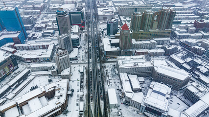 Cityscape of Changchun, China in heavy snow