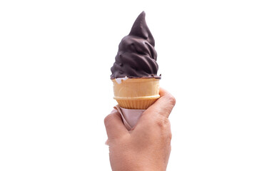 Soft dark chocolate milk cream ice cream cone serve in hot summer on white background, clipping path include