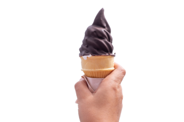 Soft dark chocolate milk cream ice cream cone serve in hot summer on white background, clipping path include