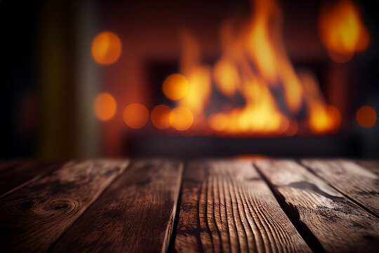 Rustic empty wooden table and blurred fireplace background for product and merchandise display. Generative Ai image illustration. 