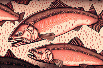 Background of pink or Atlantic salmon realistic drawing on waves. salmon in red. fishing for northern fish in a river. format for brown trout. Generative AI