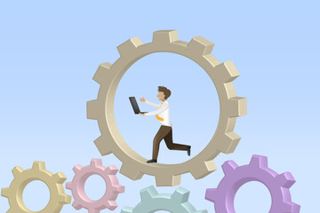 Employee working and running on cogs wheel for career achievement motivation. Hard working, business motivation, project and time management strategy.