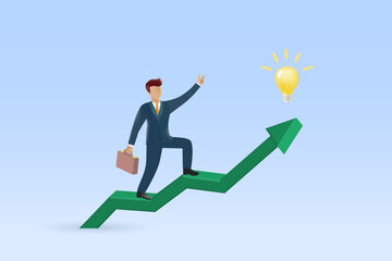 Creative Thinking drive business growth and success. Businessman riding on growth graph with creative lightbulb. Vector Illustration.