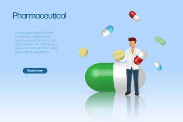 Pharmacist doctor hold medical capsule pill. Pharmaceutical drug for patient treatment health solution. 3D Vector 