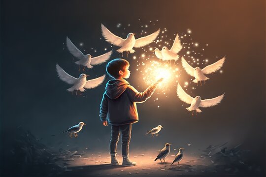 A boy with bird wings holds a glowing ball