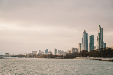 View of Chicago from the water during sunrise.