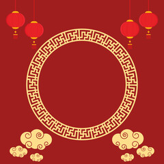 Round frame on chinese new year pattern background image with lantern and clouds