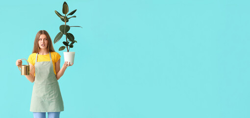 Young woman with watering can and houseplant on light blue background with space for text