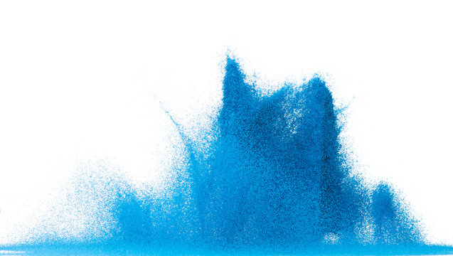 Small size blue Sand flying explosion, Ocean sands grain wave explode. Abstract cloud fly. Blue colored sand splash throwing in Air. White background Isolated high speed shutter, throwing freeze stop