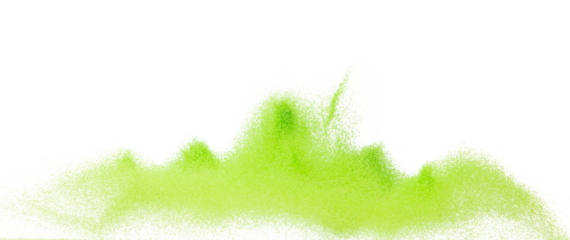 Small size green Sand flying explosion, vegetable sands grain wave explode. Abstract cloud fly. Green colored sand splash throwing in Air. White background Isolated high speed shutter, throwing freeze