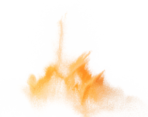 Small size orange Sand flying explosion, fruit sands grain wave explode. Abstract cloud fly. Orange colored sand splash throwing in Air. White background Isolated high speed shutter, throwing freeze