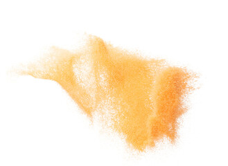 Fototapeta na wymiar Small size orange Sand flying explosion, fruit sands grain wave explode. Abstract cloud fly. Orange colored sand splash throwing in Air. White background Isolated high speed shutter, throwing freeze