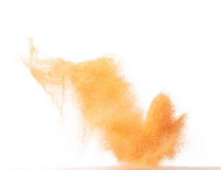 Small size orange Sand flying explosion, fruit sands grain wave explode. Abstract cloud fly. Orange colored sand splash throwing in Air. White background Isolated high speed shutter, throwing freeze