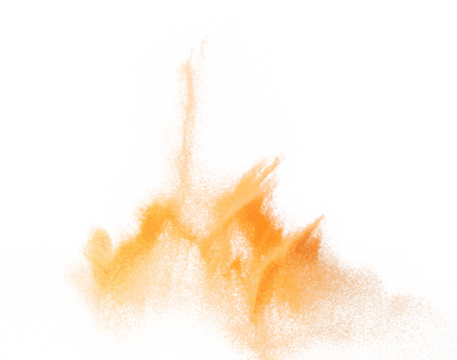 Small size orange Sand flying explosion, fruit sands grain wave explode. Abstract cloud fly. Orange colored sand splash throwing in Air. White background Isolated high speed shutter, throwing freeze