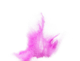 Small size purple Sand flying explosion, violet sands grain wave explode. Abstract cloud fly. purple colored sand splash throwing in Air. White background Isolated high speed shutter, throwing freeze
