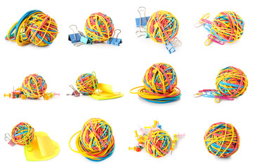 Set of colorful rubber band balls with stationery on white background