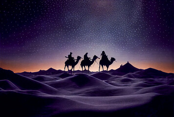 Fototapeta premium The three wise men silhouettes riding camels following the star