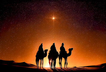 The three wise men silhouettes riding camels following the star