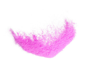 Small size purple Sand flying explosion, violet sands grain wave explode. Abstract cloud fly. purple colored sand splash throwing in Air. White background Isolated high speed shutter, throwing freeze